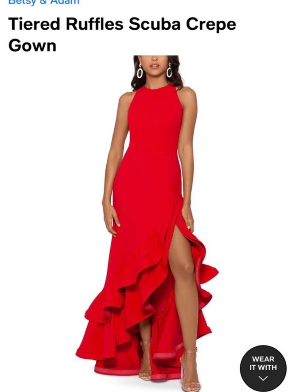 Betsey & Adam Long Red Ruffle Halter Gown - Picture 5 of 8